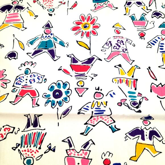 Cotton Fabric Retro Doodle People & Flowers Colorful Print 56"x61" Whimsical Kid - Picture 1 of 12